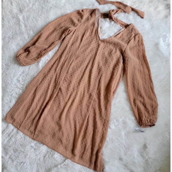 INC Hazel Wood Textured Long-Sleeve Shift V-Neck Dress Tie Back Detail - M - Picture 6 of 11